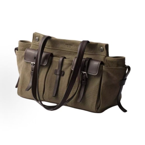 PRADA Route multi-functional pocket design embossed engraved logo handbag, large size for both men and women, couple style, military green